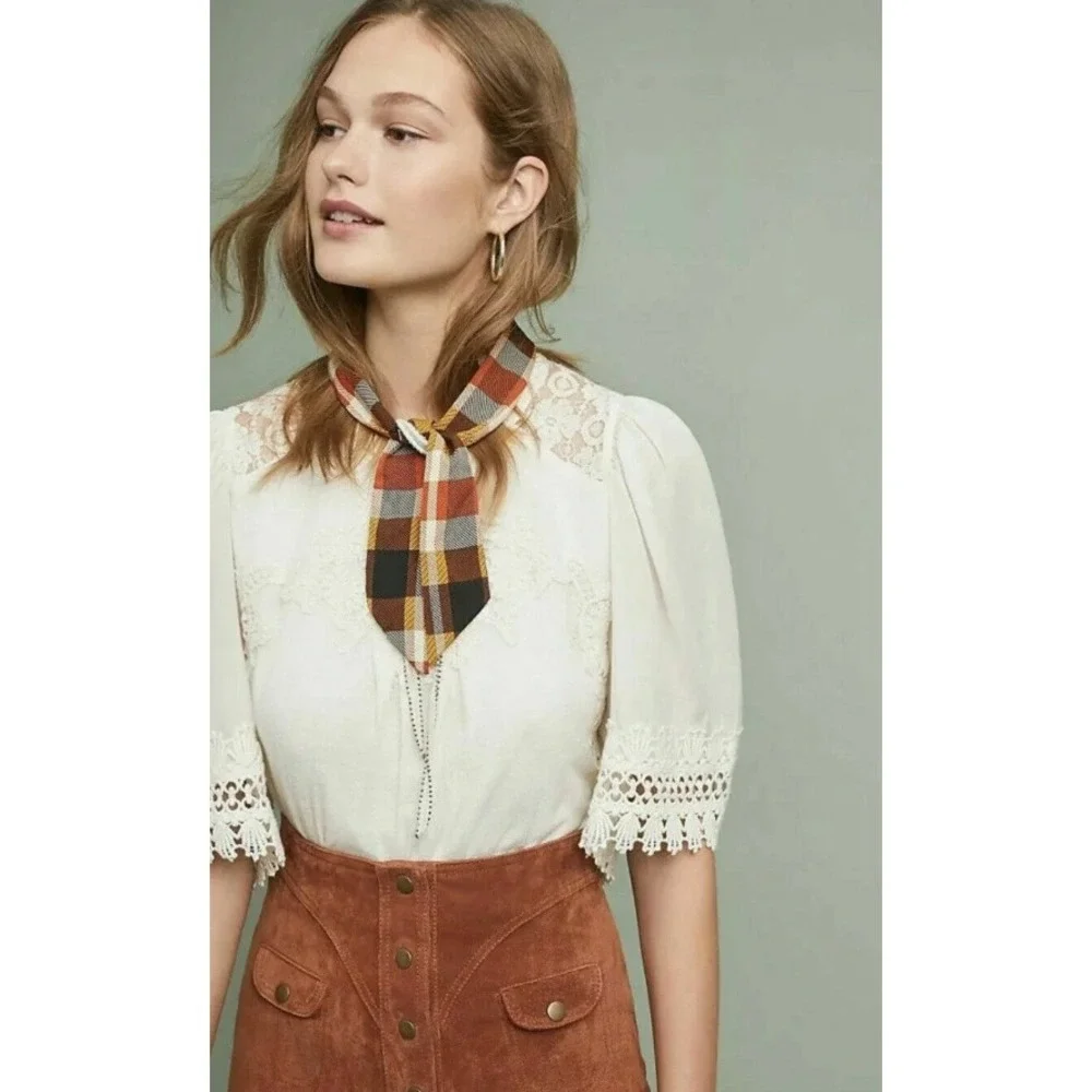 Anthropologie Feather Bone White Armana Lace Trim Crochet Puff Sleeve Blouse XS